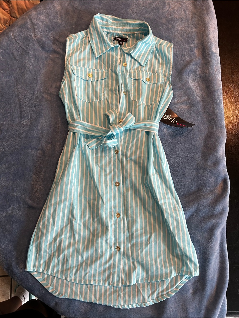 Striped Belted Casual Dress in Light Blue and White